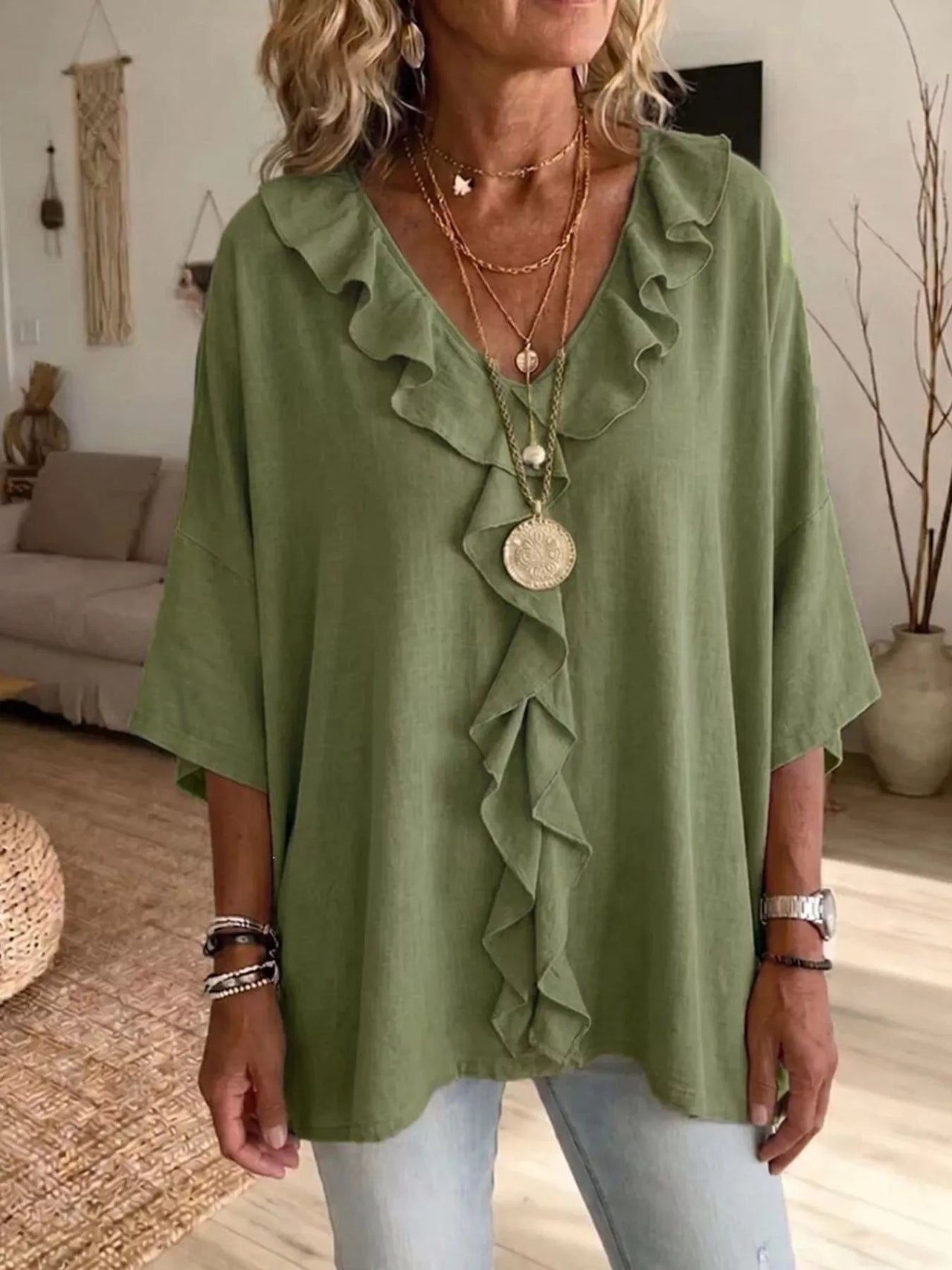 Full Size Ruffle V-Neck 3/4 Sleeve Blouse Plus Size