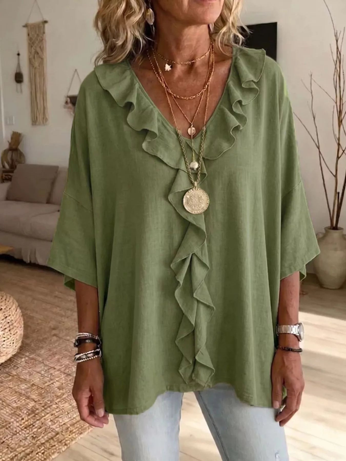 Full Size Ruffle V-Neck 3/4 Sleeve Blouse Plus Size