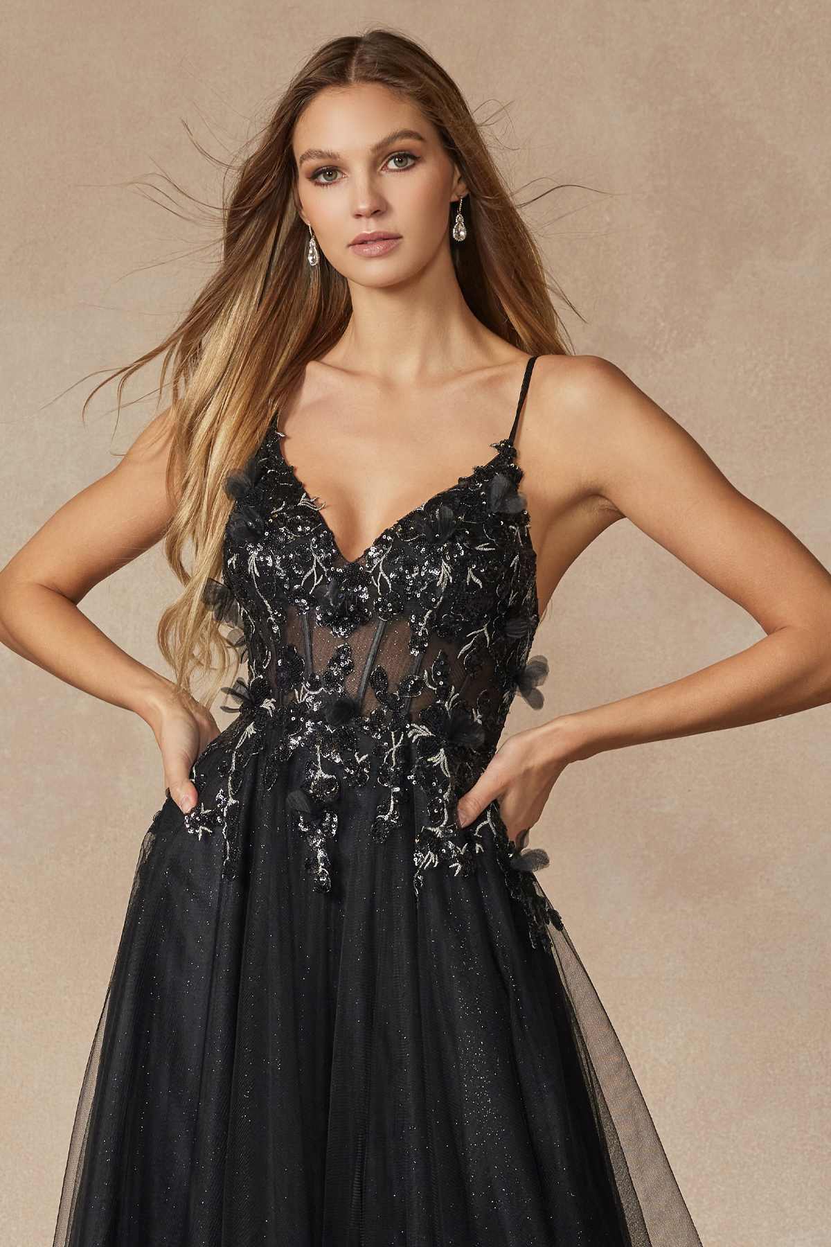 Juliet 2401 Floor Length A-Line Tulle Gown with Detachable Puff Sleeves
