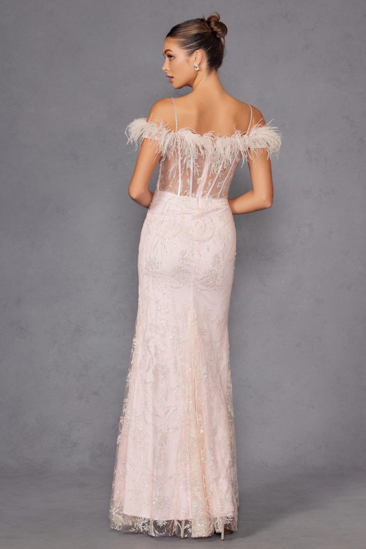 Juliet 2402 Glitter Leaf Sequin Gown with Feathered Sleeves and Slit