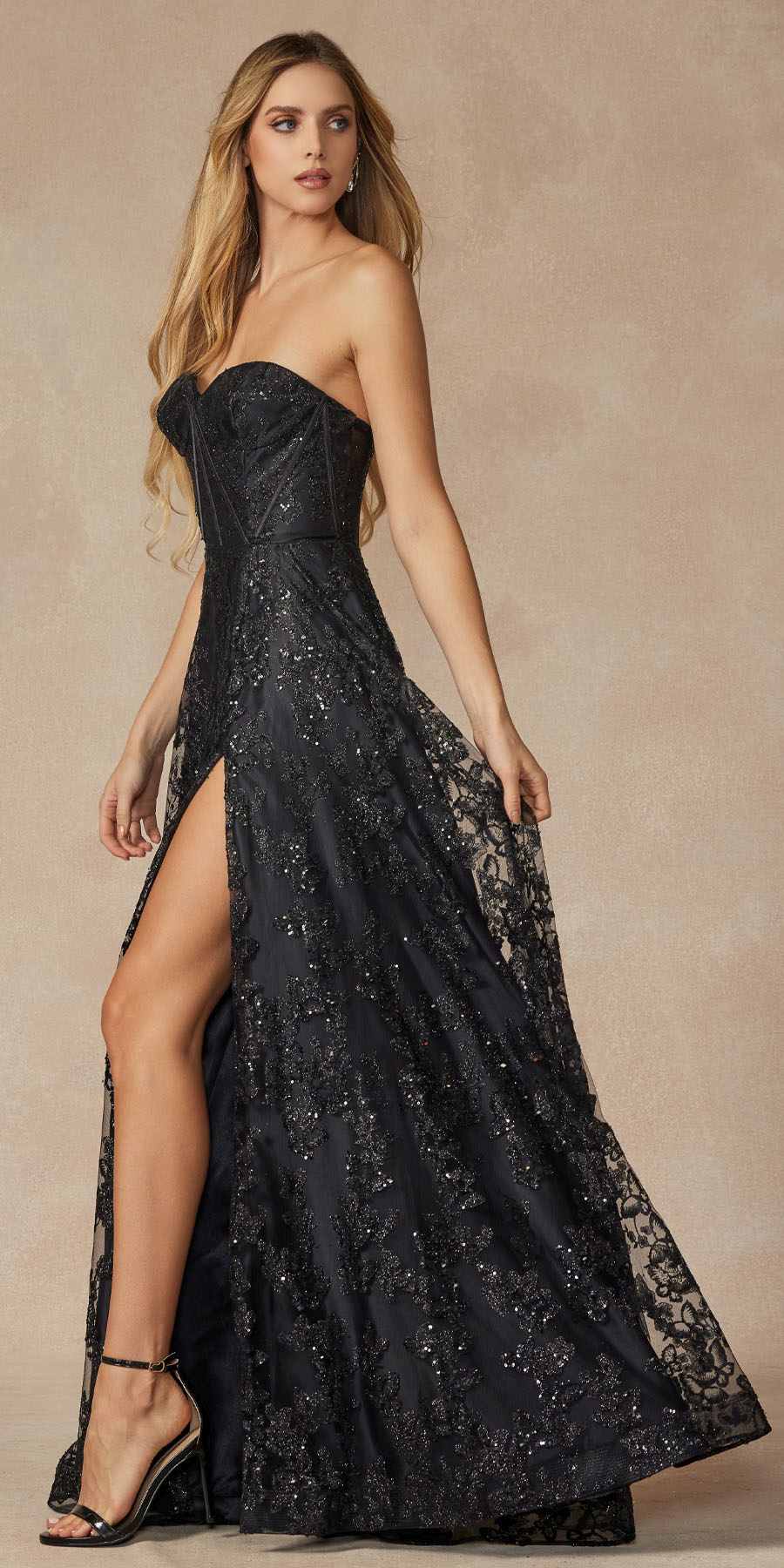 Juliet 2403 Long Butterfly Glitter Embroidered Gown with Corset Top