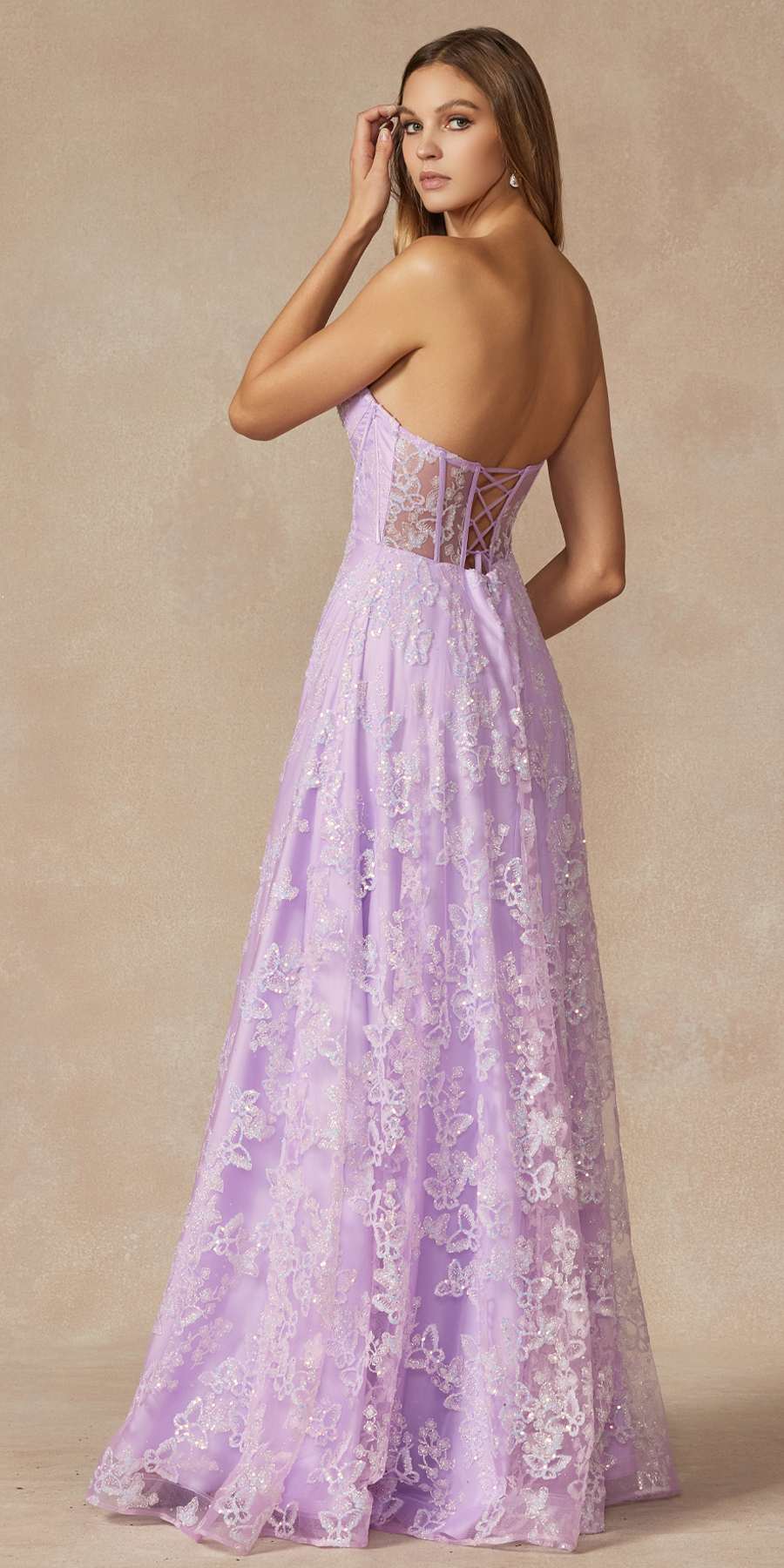 Juliet 2403 Long Butterfly Glitter Embroidered Gown with Corset Top