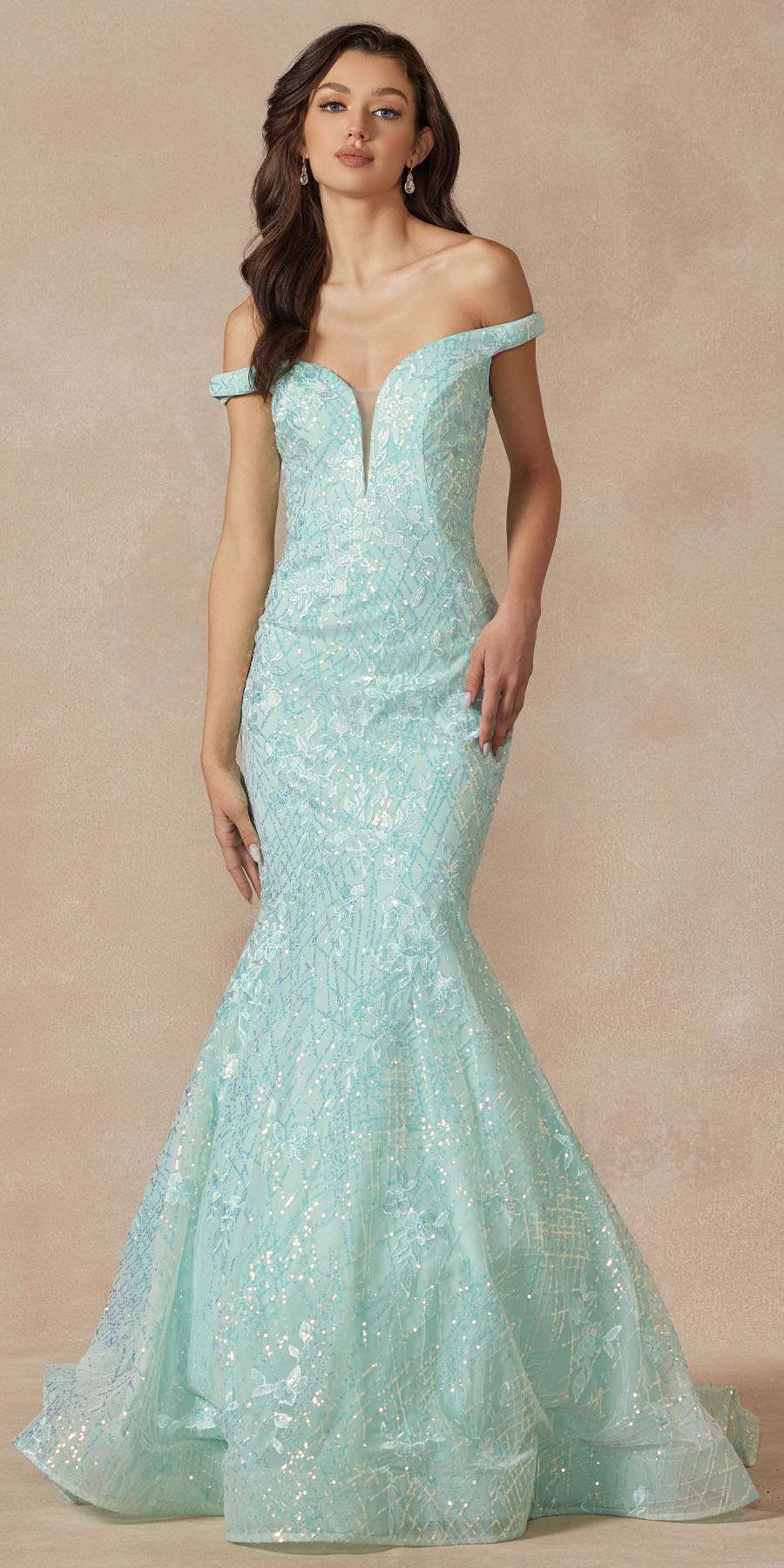 Juliet 2412 Mermaid Gown Plunging Deep V Illusion Neckline Off the Shoulder