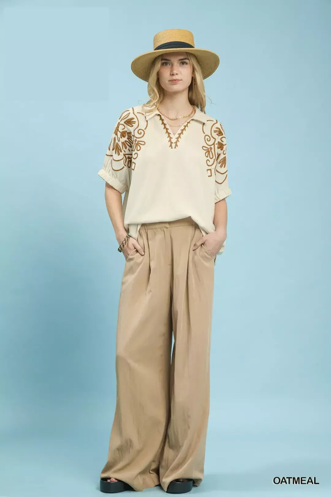 Umgee Floral Embroidered Sleeve Blouse