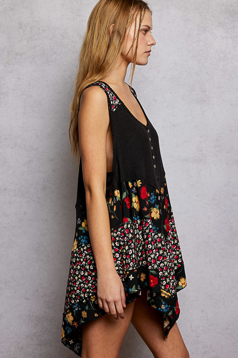POL Round Neck Ribbed Tank with Woven Print Patch