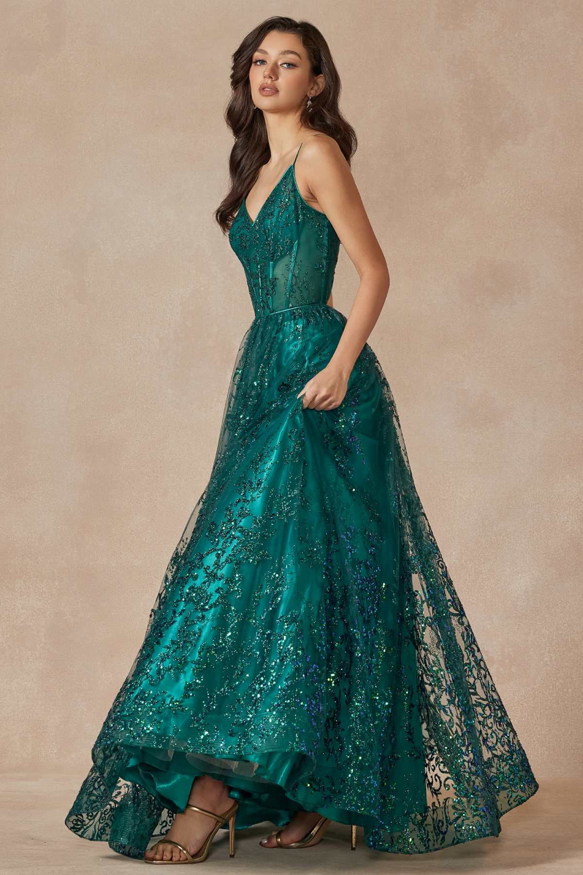 Juliet 2414 Floor Length A-Line Glitter Lace Tulle Ball Gown