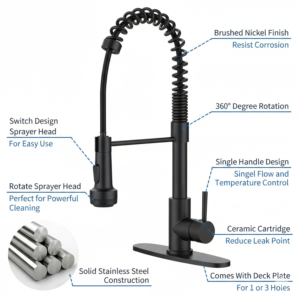 Kitchen Faucet with Pull Down Sprayer and 4 Spraying Modes Single Handle Commercial Spring Kitchen Sink Faucet Matte Black 1 or 3 Hole