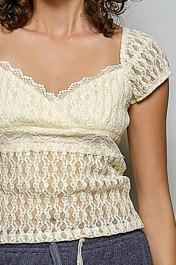 POL Sweetheart Neck Lace Short Sleeve Top