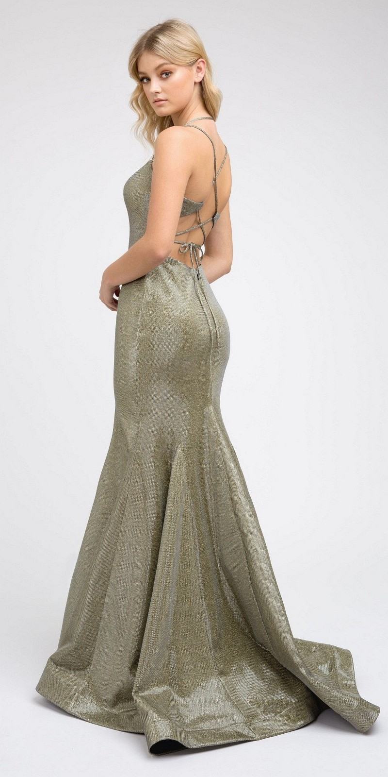 Juliet 242 Metallic Mermaid Long Prom Dress Lace-Up Back
