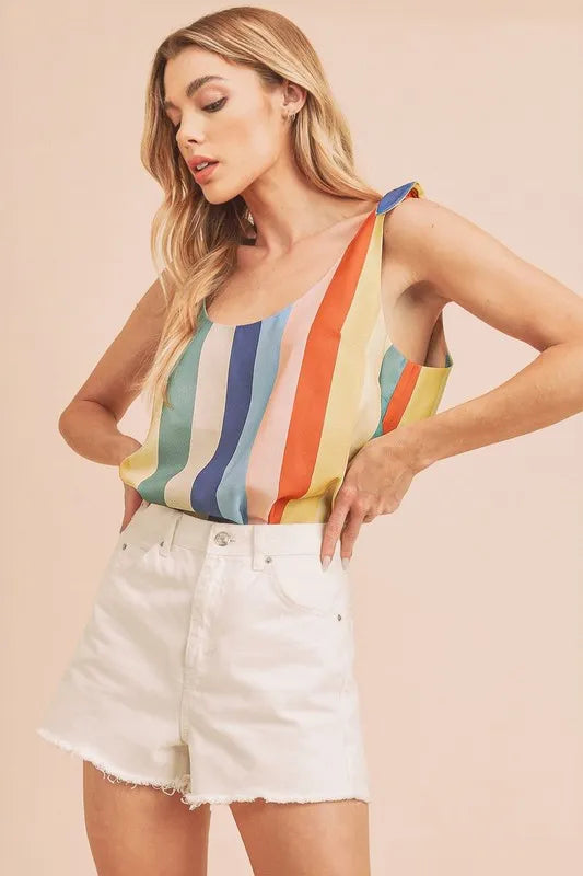 Aemi + Co Contrast Striped Scoop Neck Tie Shoulder Tank