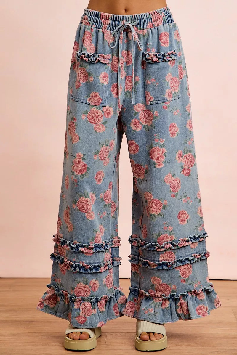 BiBi Washed Floral Denim With Ruffle Elastic Wide Pants