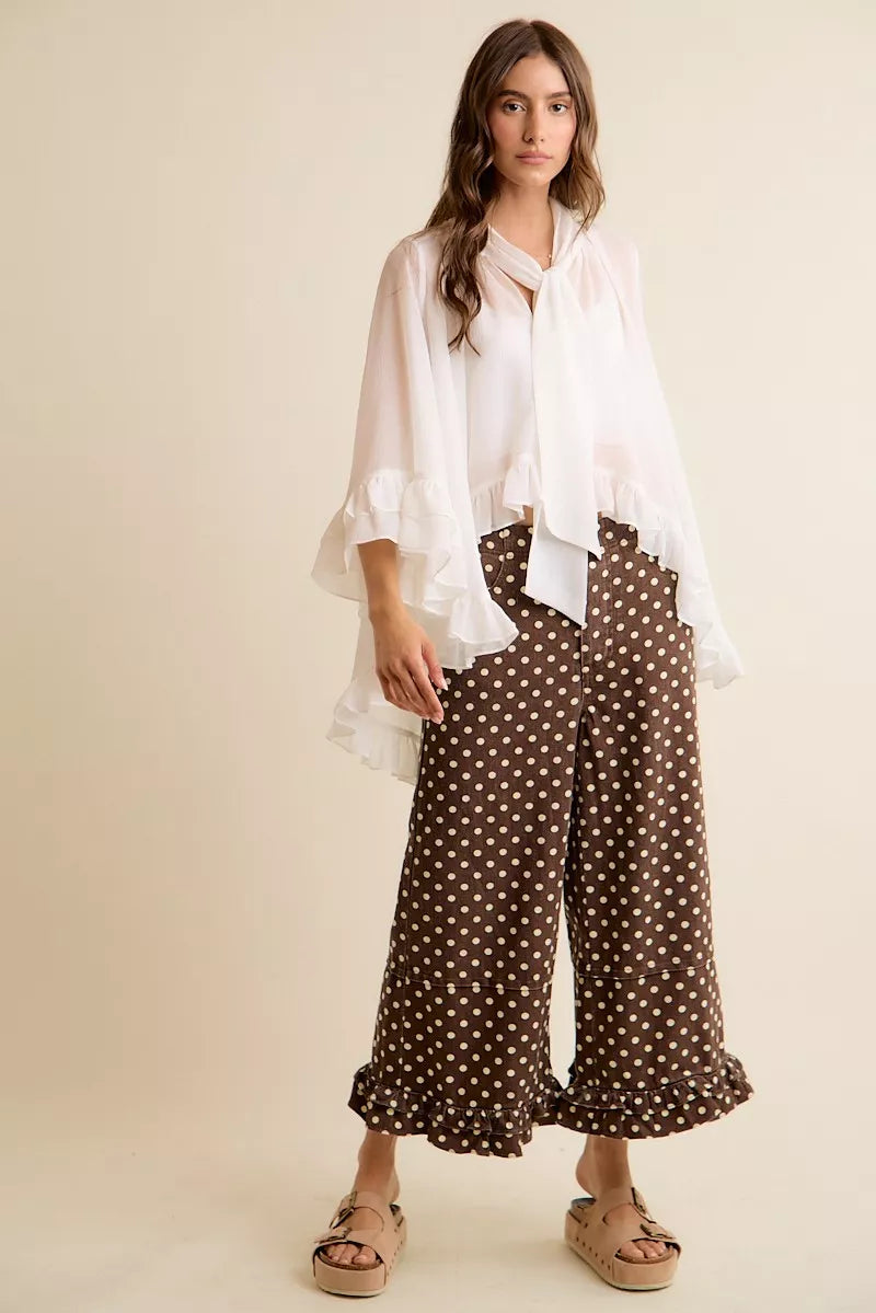 SO ME Sheer Ruffle Bell Sleeves Bow Tie Flowy Blouse Top