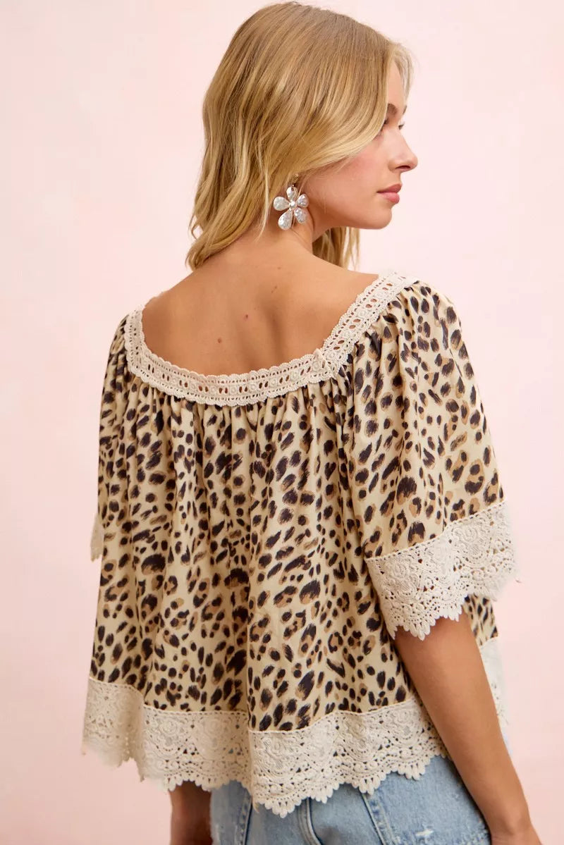 BiBi Leopard Lace Mix And Match Square Neckline Top