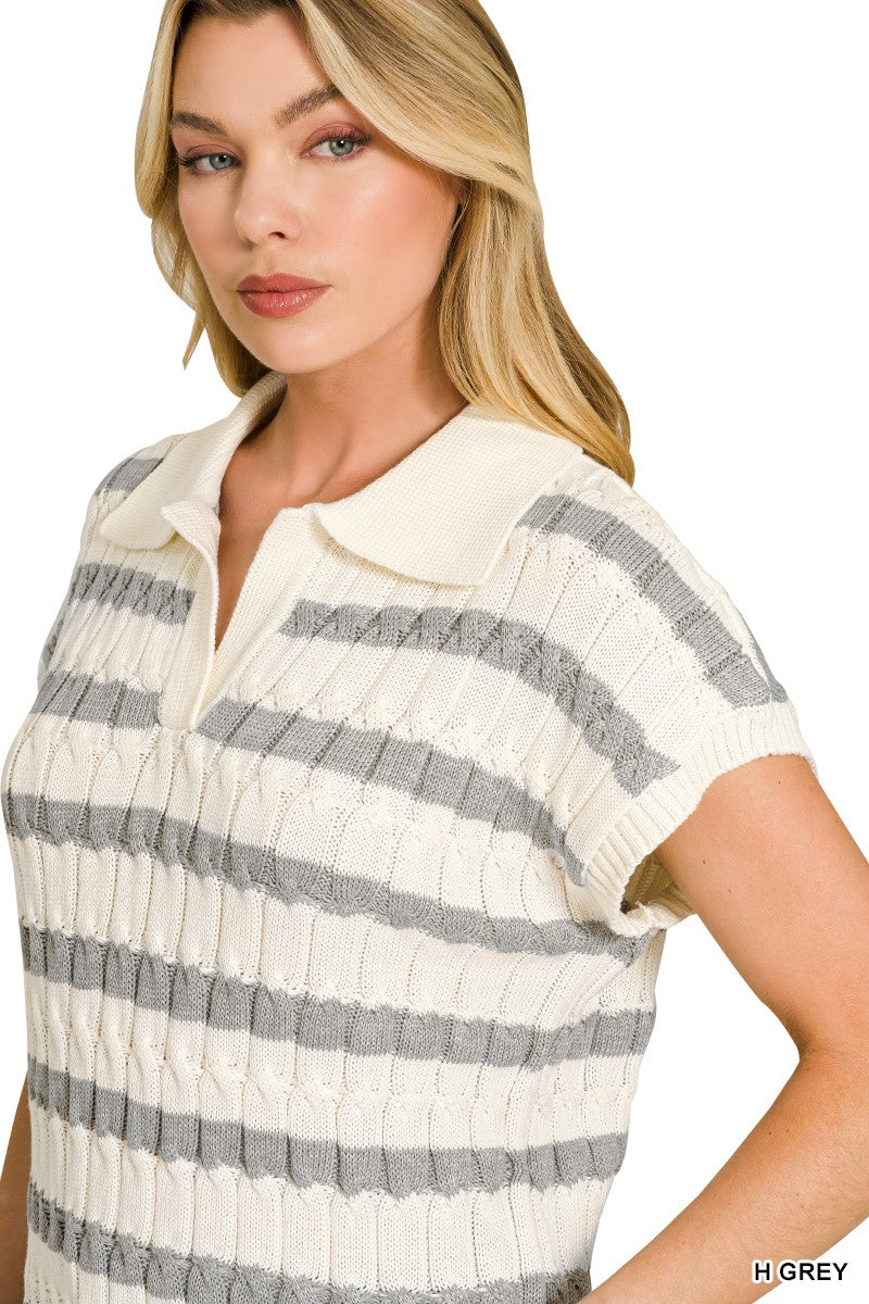 Zenana Textured Stripe Collared Sweater Vest