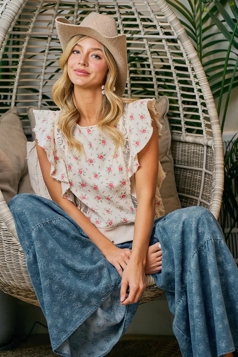 BiBi Flower Printed Ruffle Sleeve Trim Detail Top