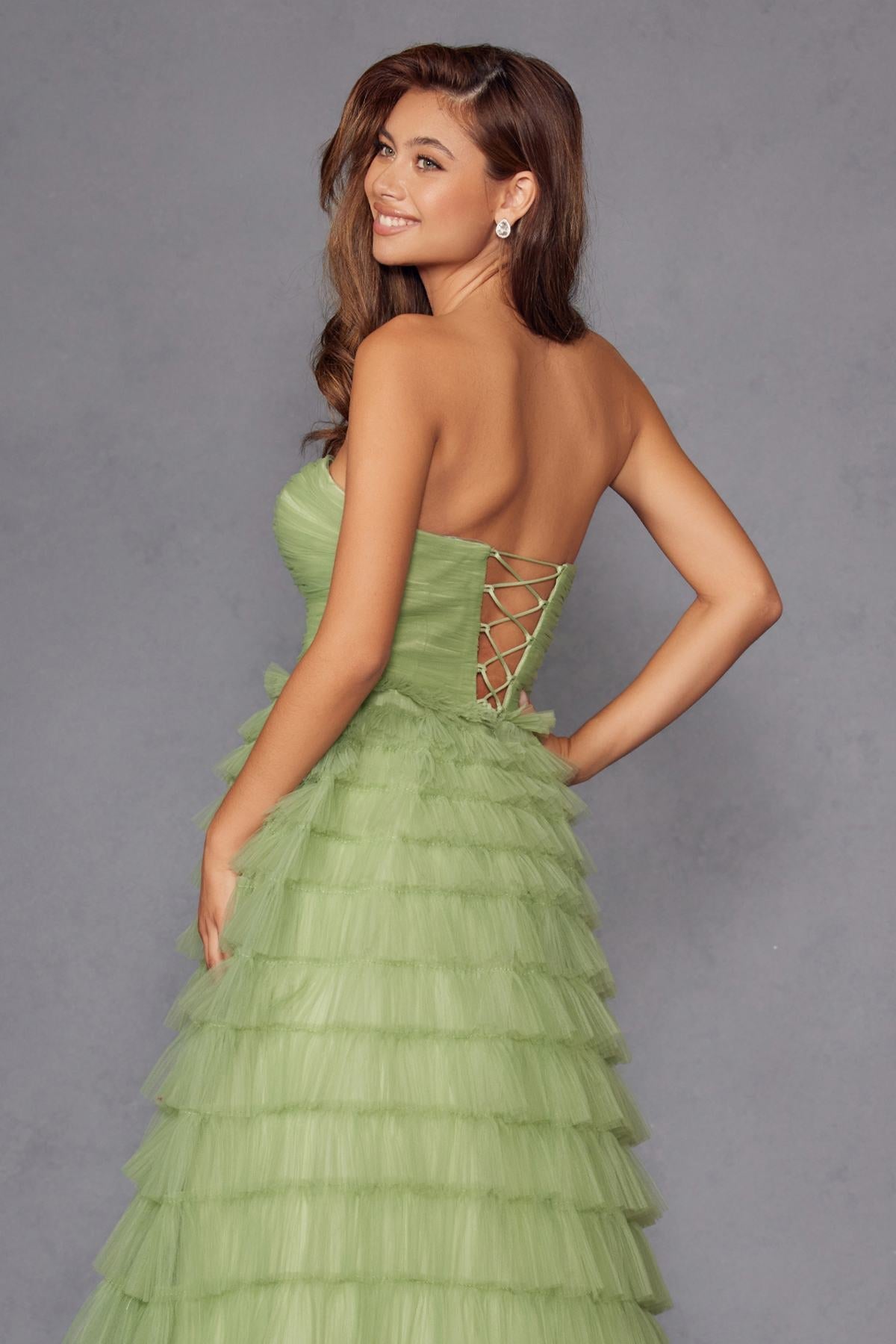Juliet JT2456H Long Strapless Keyhole Tiered Ruffled Tulle A-Line Gown