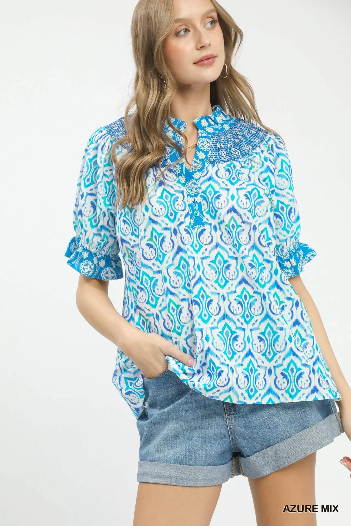 Umgee Mix Boho Puff Sleeve Smocked Top