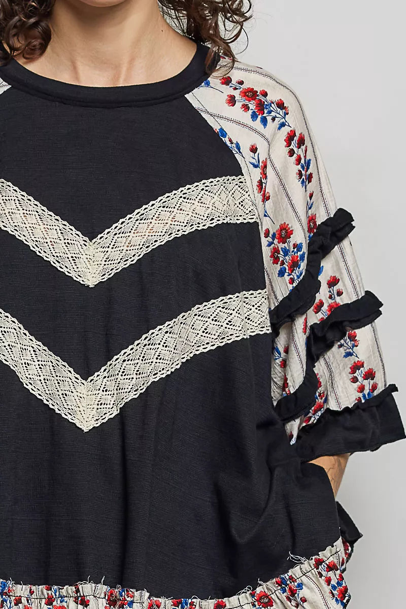 POL Round Neck Half Sleeve Contrast Floral Lace Oversized Knit Top