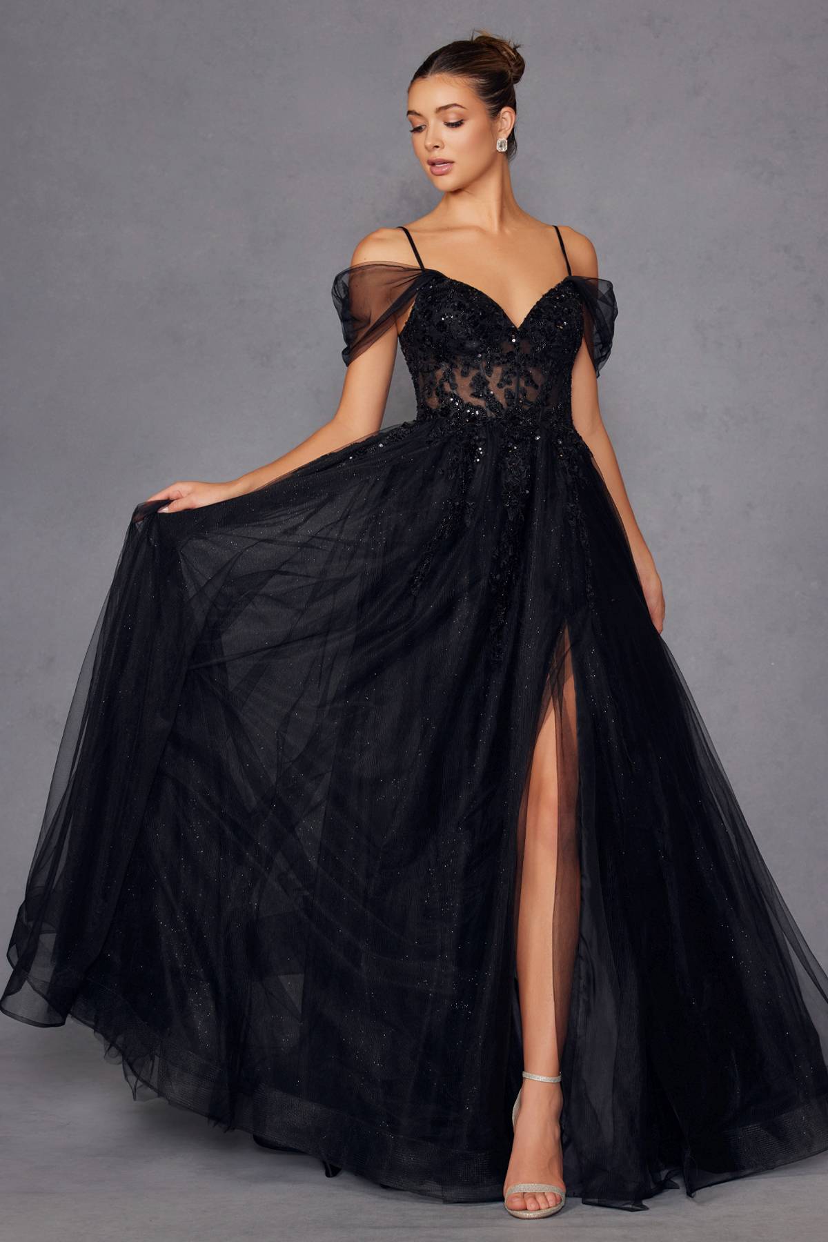 Juliet JT2466A Long Cold Shoulder Sweetheart Corset Bodice A-Line Gown