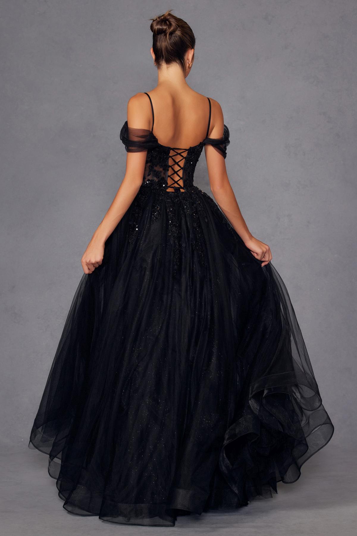 Juliet JT2466A Long Cold Shoulder Sweetheart Corset Bodice A-Line Gown
