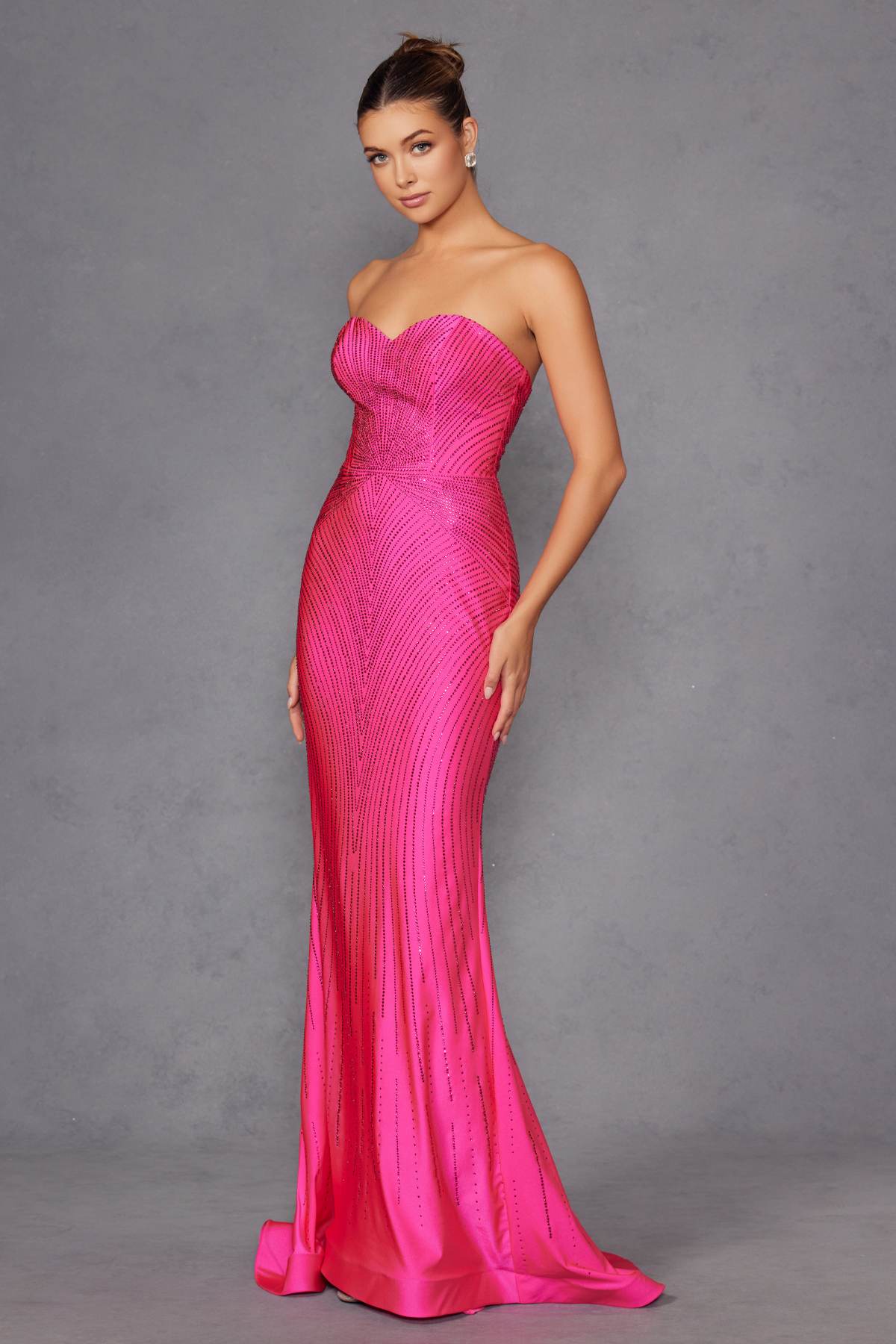 Juliet JT2472R Long Strapless Rhinestone Details Sweetheart Fitted Gown