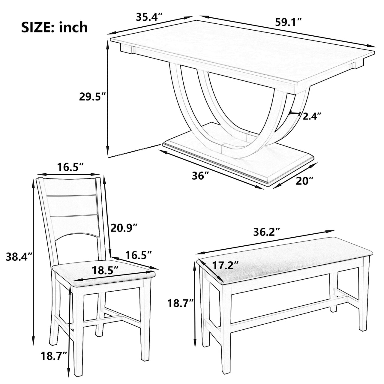 TOPMAX Modern Style Natural Wood 6-Piece Dining Table Set with Bench and Chairs, Upholstered Seats, Rubberwood Frame