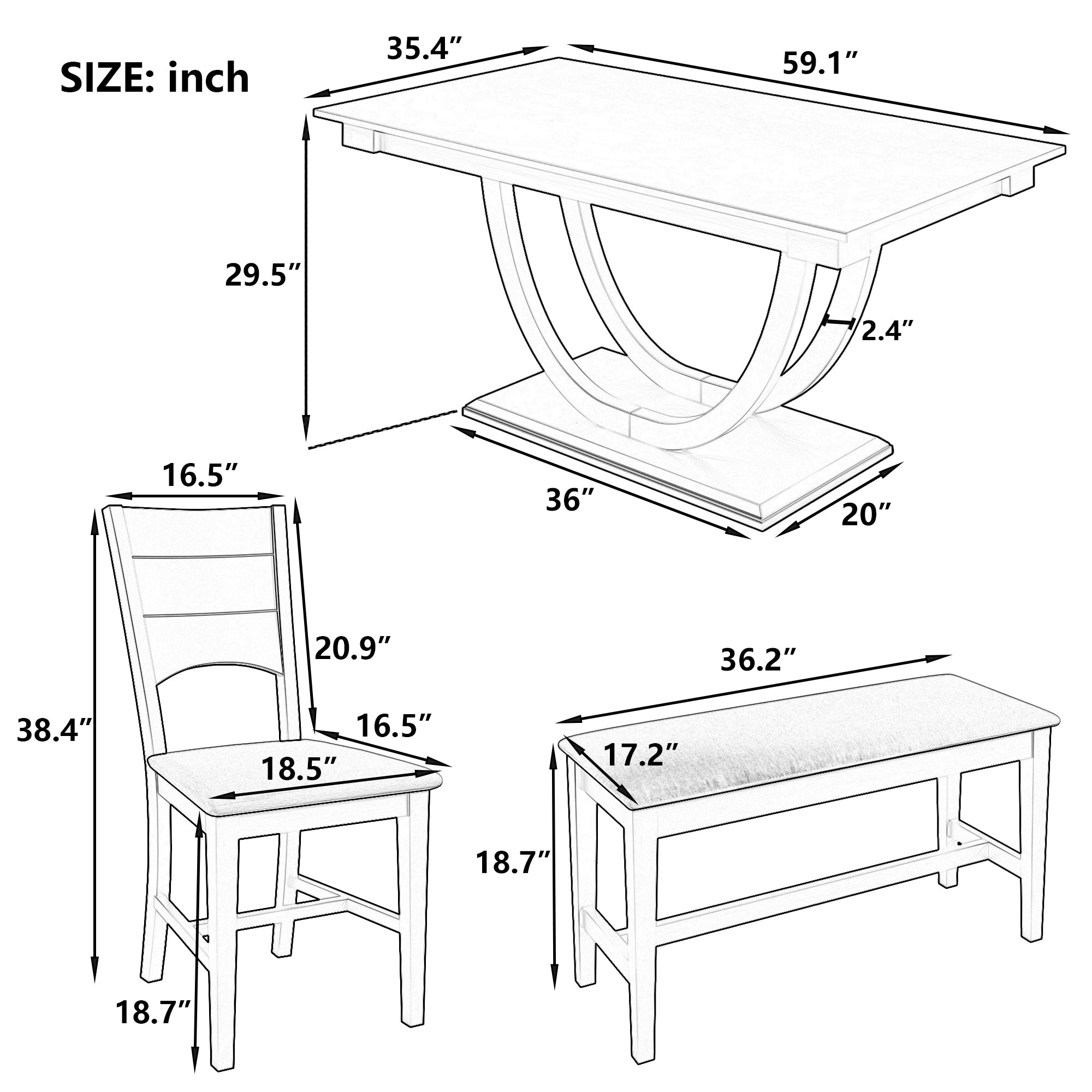 TOPMAX Modern Style Natural Wood 6-Piece Dining Table Set with Bench and Chairs, Upholstered Seats, Rubberwood Frame