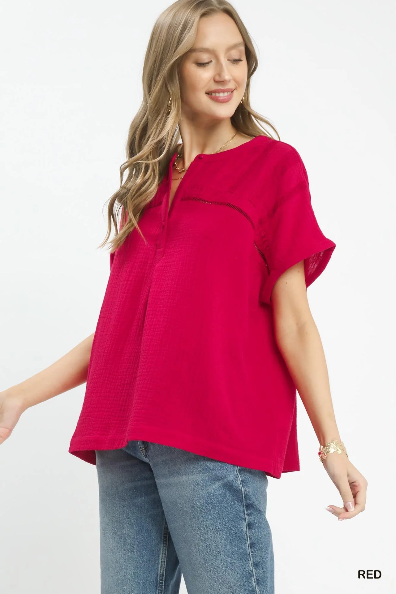 Umgee Textured Gauze Split-Neck Boho Blouse