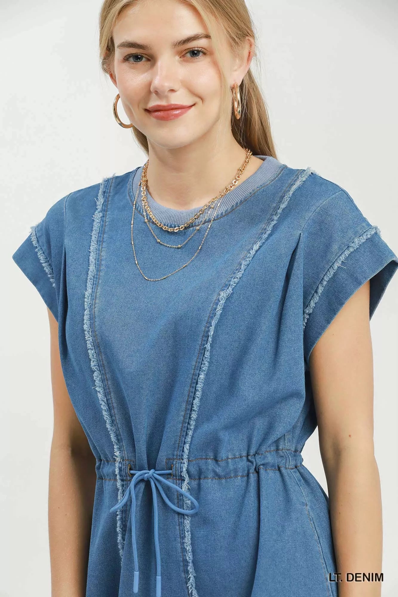 Umgee Drawstring Waist Frayed Denim Mini Dress