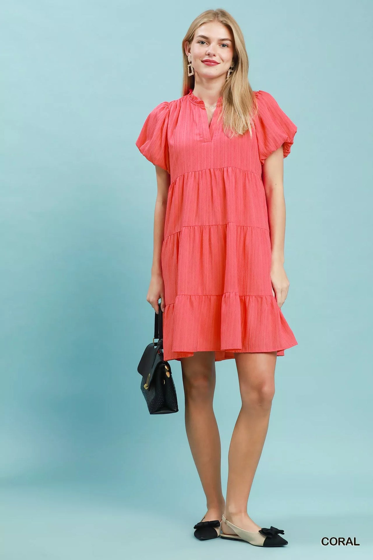 Umgee Puff Sleeve Tiered Babydoll Dress