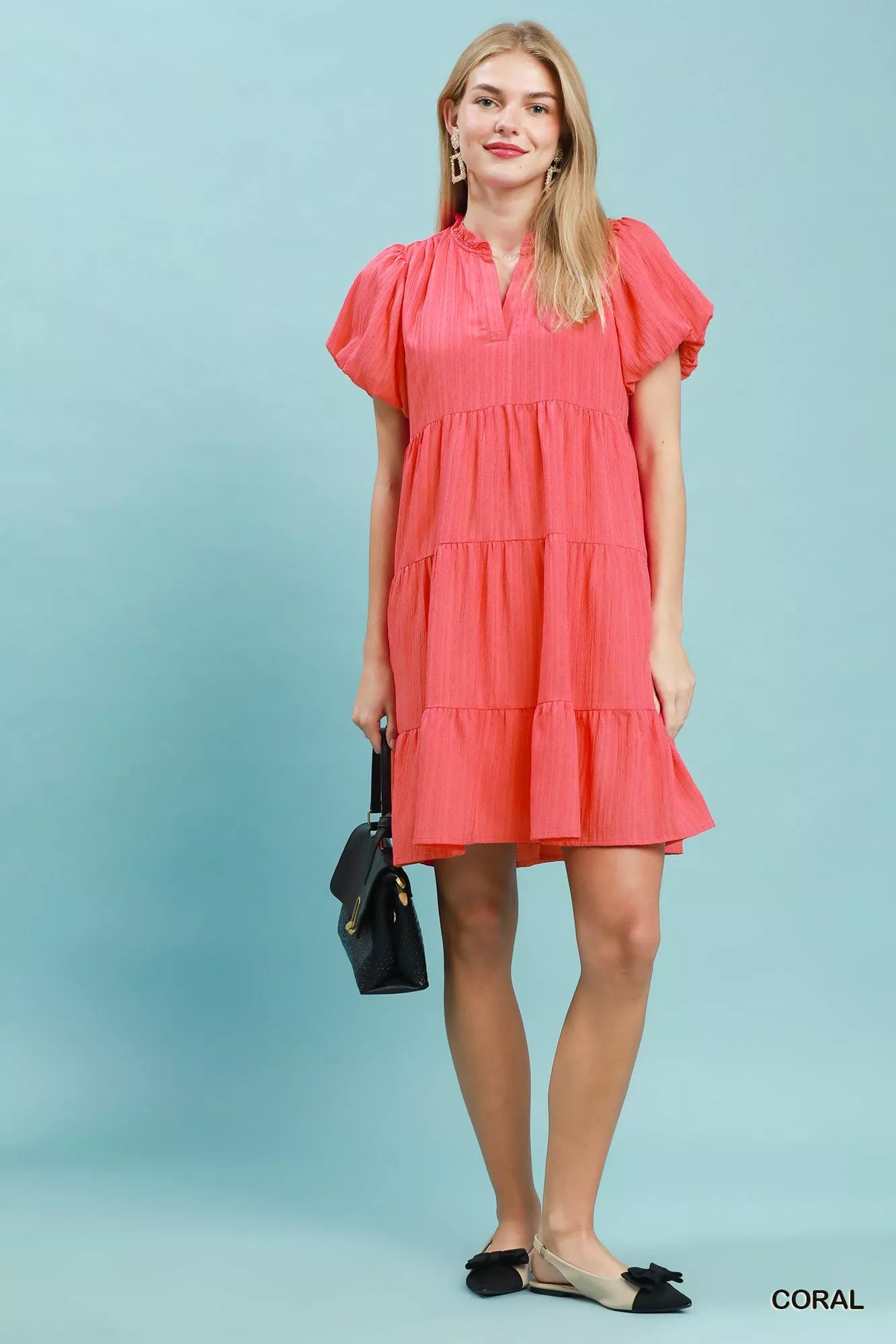 Umgee Puff Sleeve Tiered Babydoll Dress