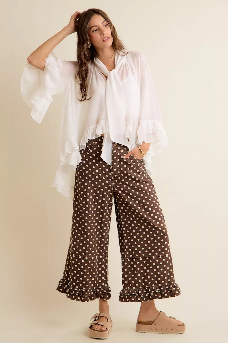 SO ME Sheer Ruffle Bell Sleeves Bow Tie Flowy Blouse Top