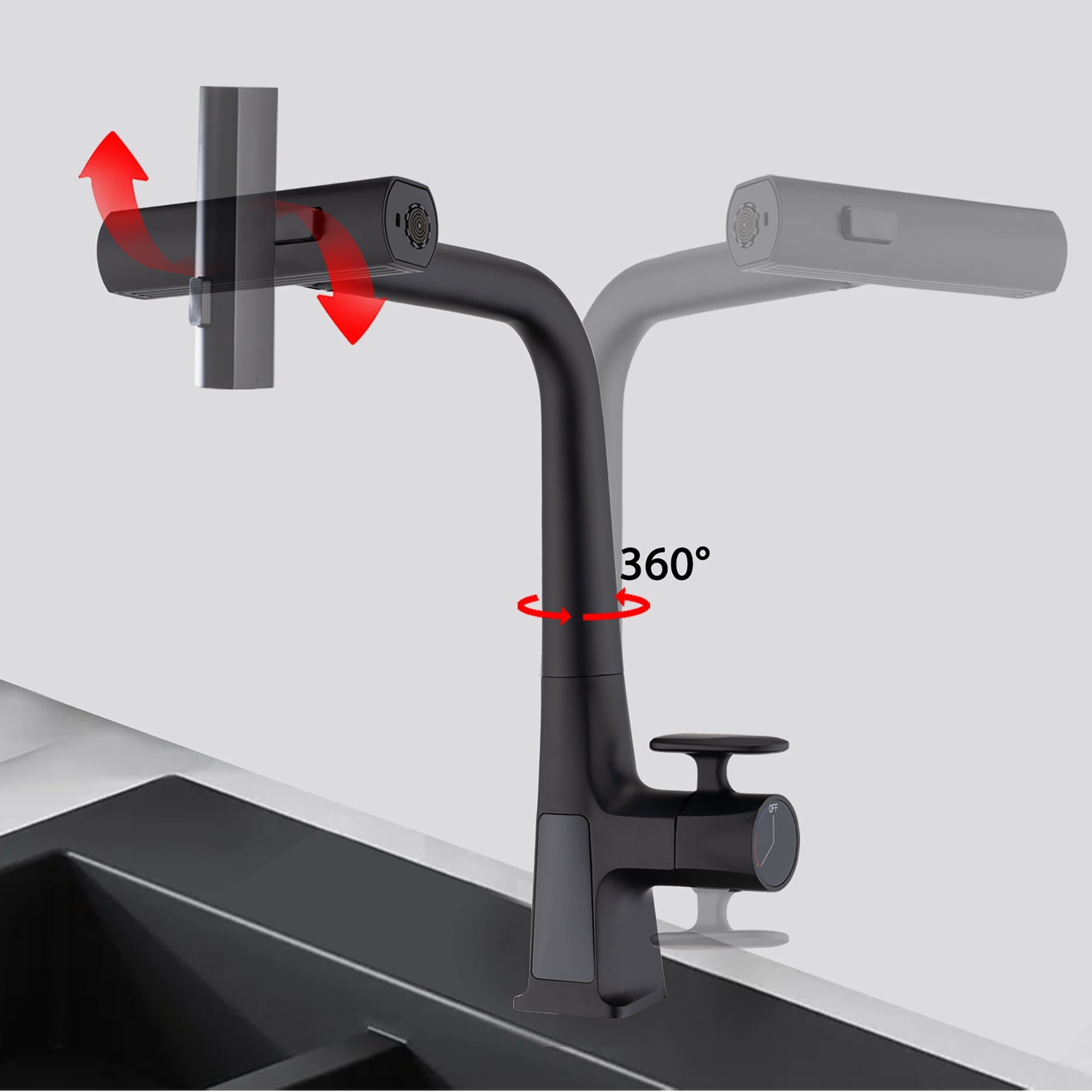 Modern Matte Black Waterfall Kitchen Faucet with Temperature Display and Pull Down Sprayer, Zinc Construction, 15.75-Inch Height