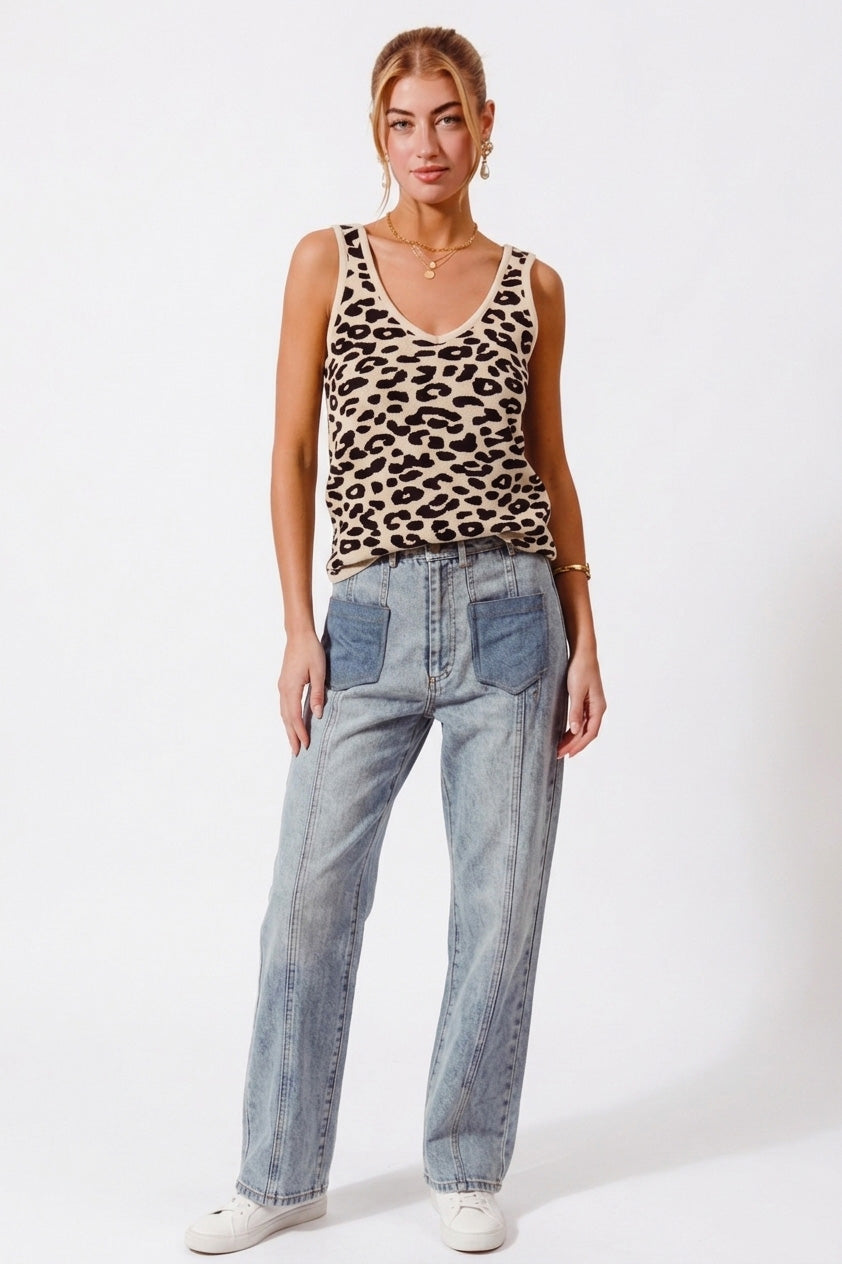 SO ME Leopard Knitted Lightweight V Neck Tank Top