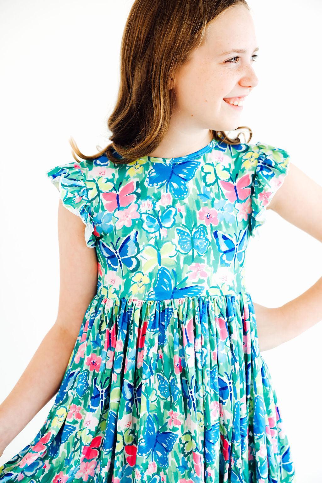 Watercolor Butterflies Flutter Sleeve Twirl Dress