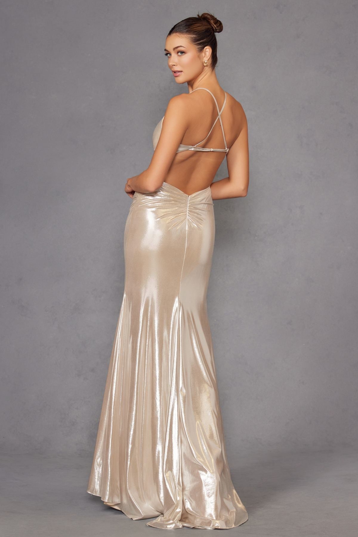 Juliet JT2502A Dress Long Halter Neck Fitted Metallic Gown