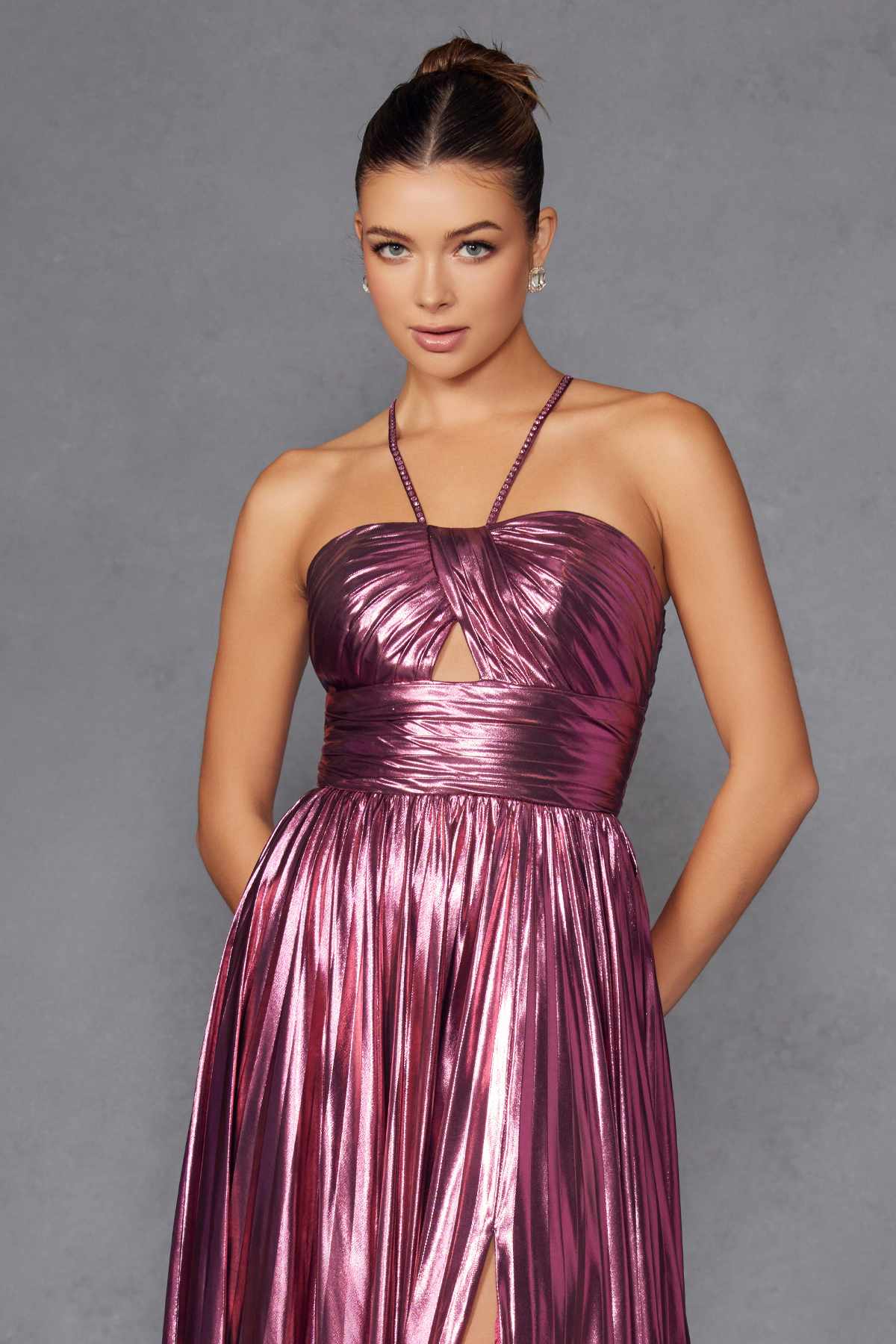 Juliet JT2503A Long Halter A-Line Pleated Metallic Gown