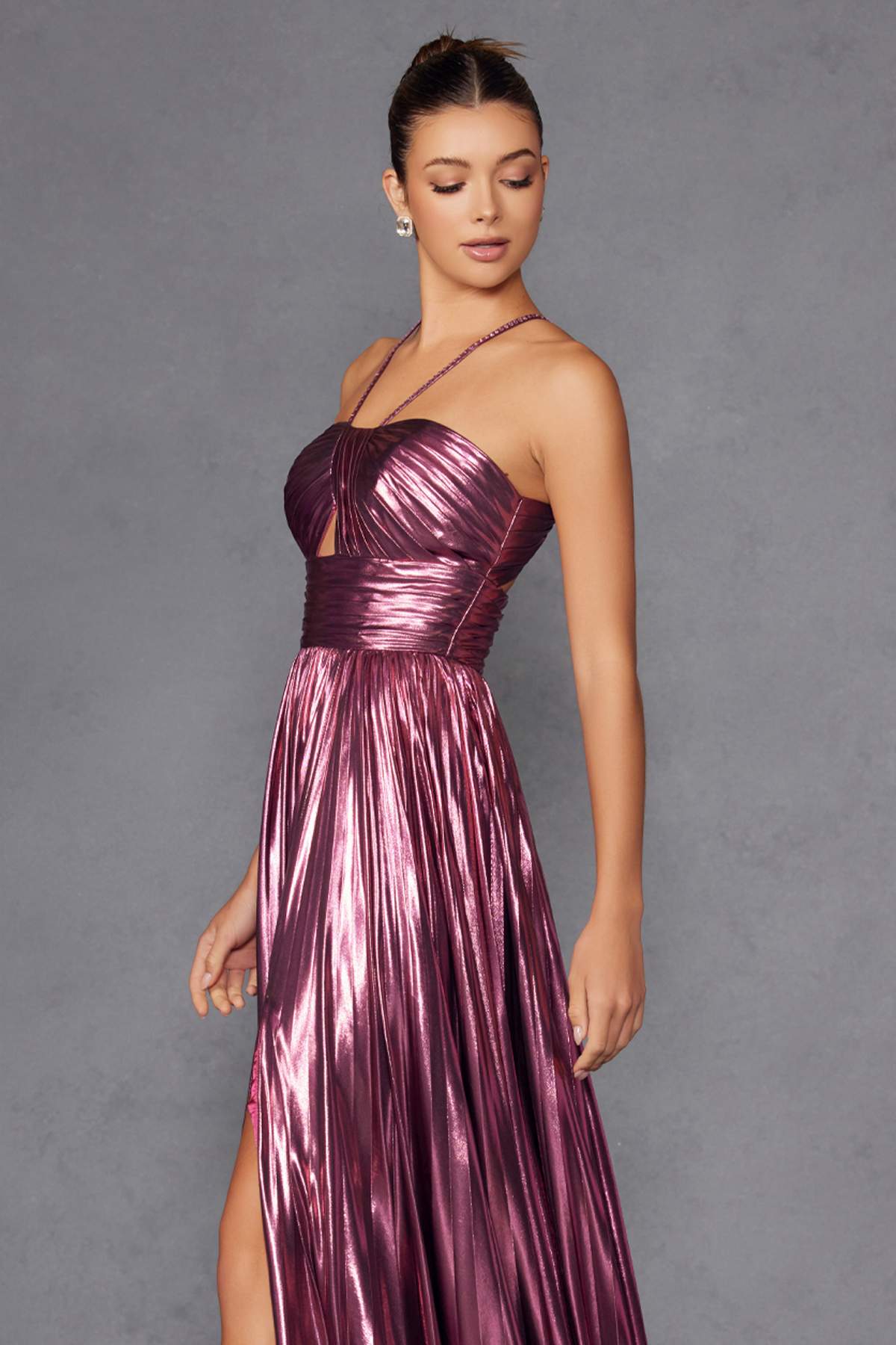 Juliet JT2503A Long Halter A-Line Pleated Metallic Gown