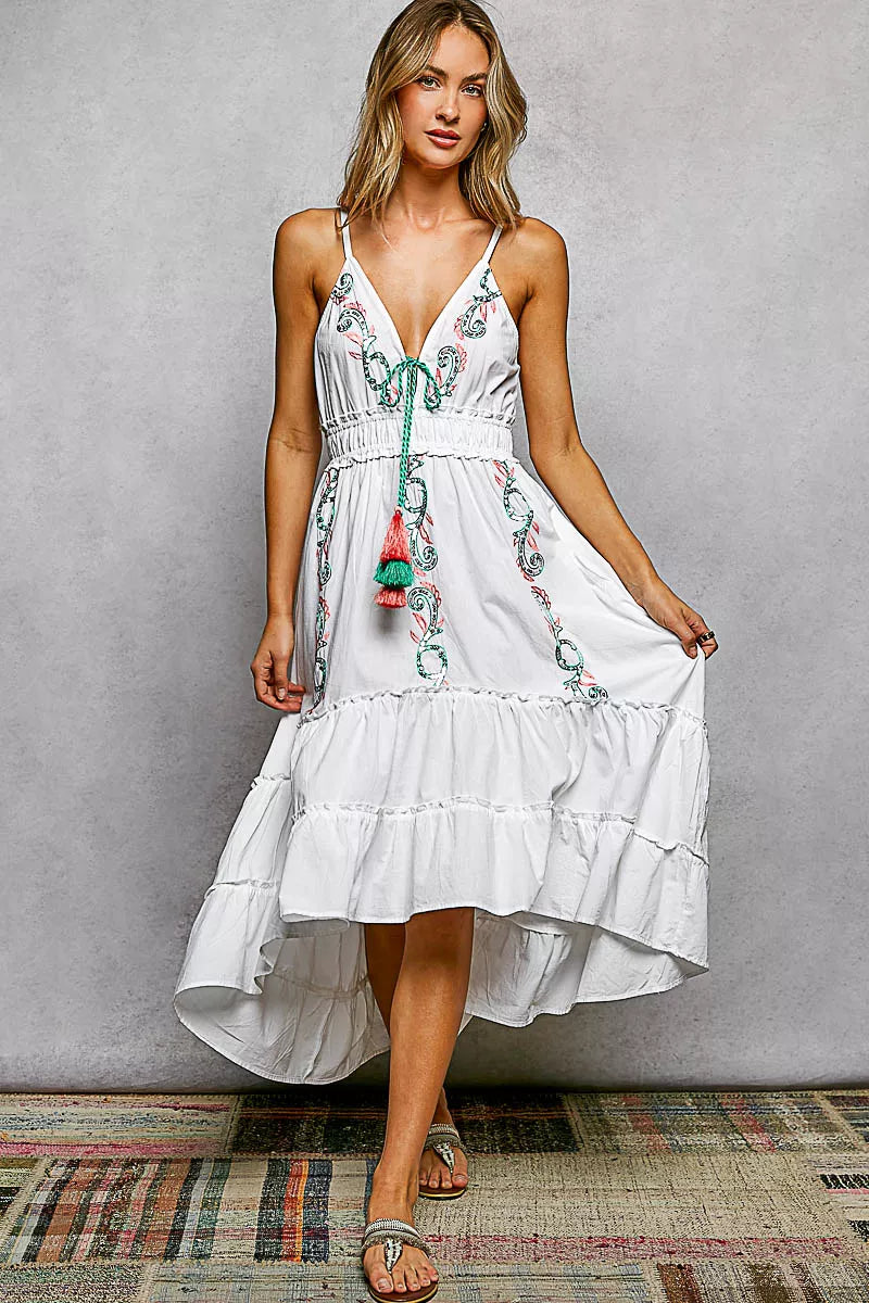POL Embroidered Detail Tassel Tie Smocked Waist Midi Tiered Cami Dress