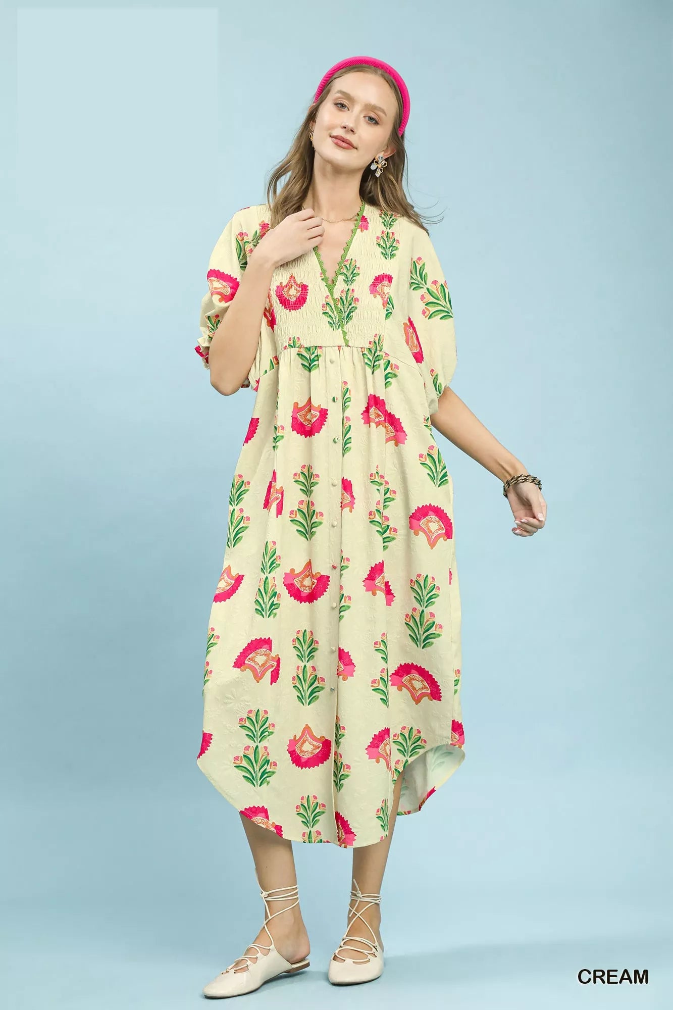 Umgee Abstract Print V-Neck Midi Dress