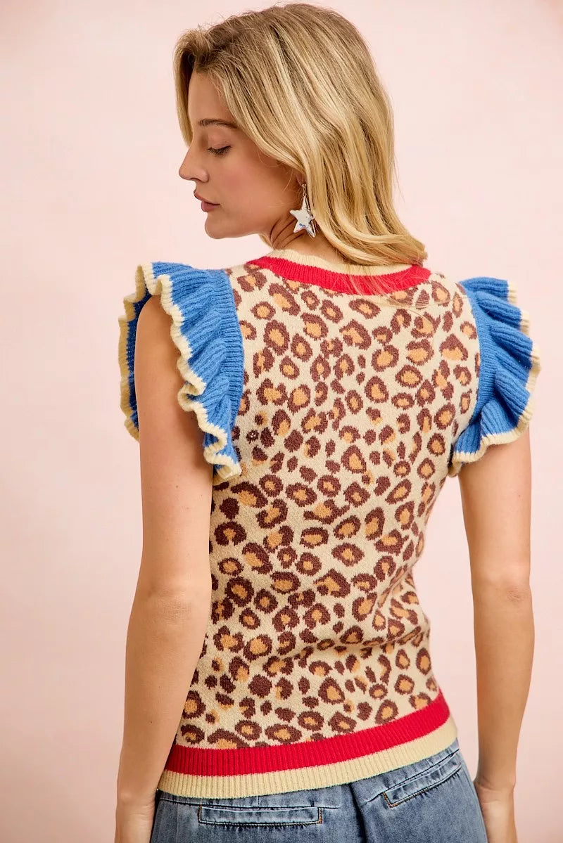 BiBi 4th Of July Leopard Ruffled Detail Knit Top
