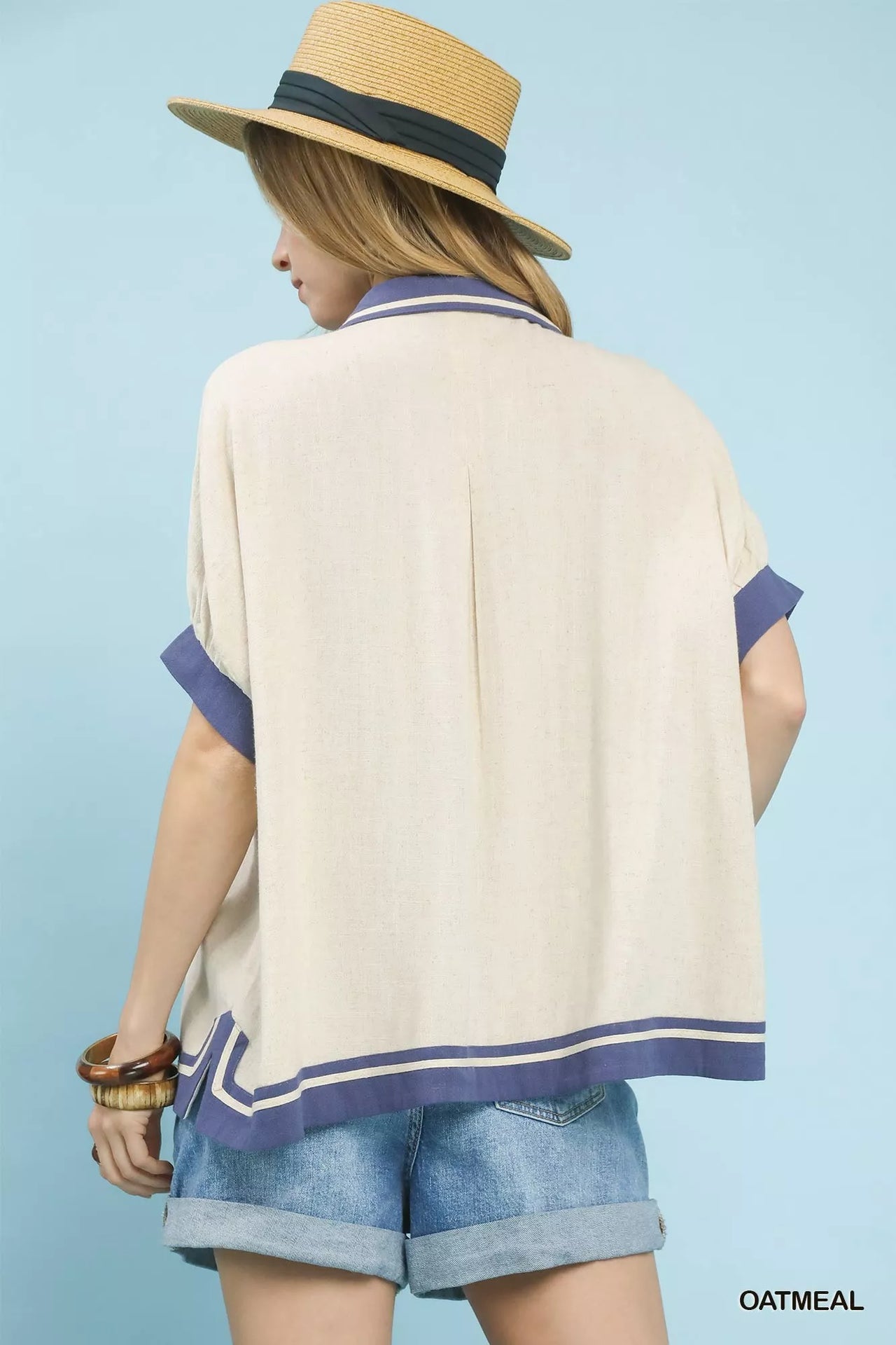 Umgee Linen Button Front Top with Contrast Piping