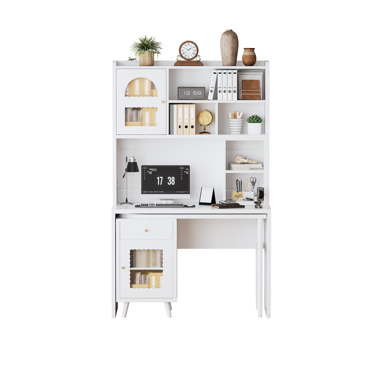 Computer Desk with 90 Degree Rotating Desktop, 43x70 Inch Office Desk with Storage Drawer and Cabinets, Gaming Desk with Shelves, Writing Desk for Study, Work Desk for Home (Old SKU:N733P279101K)