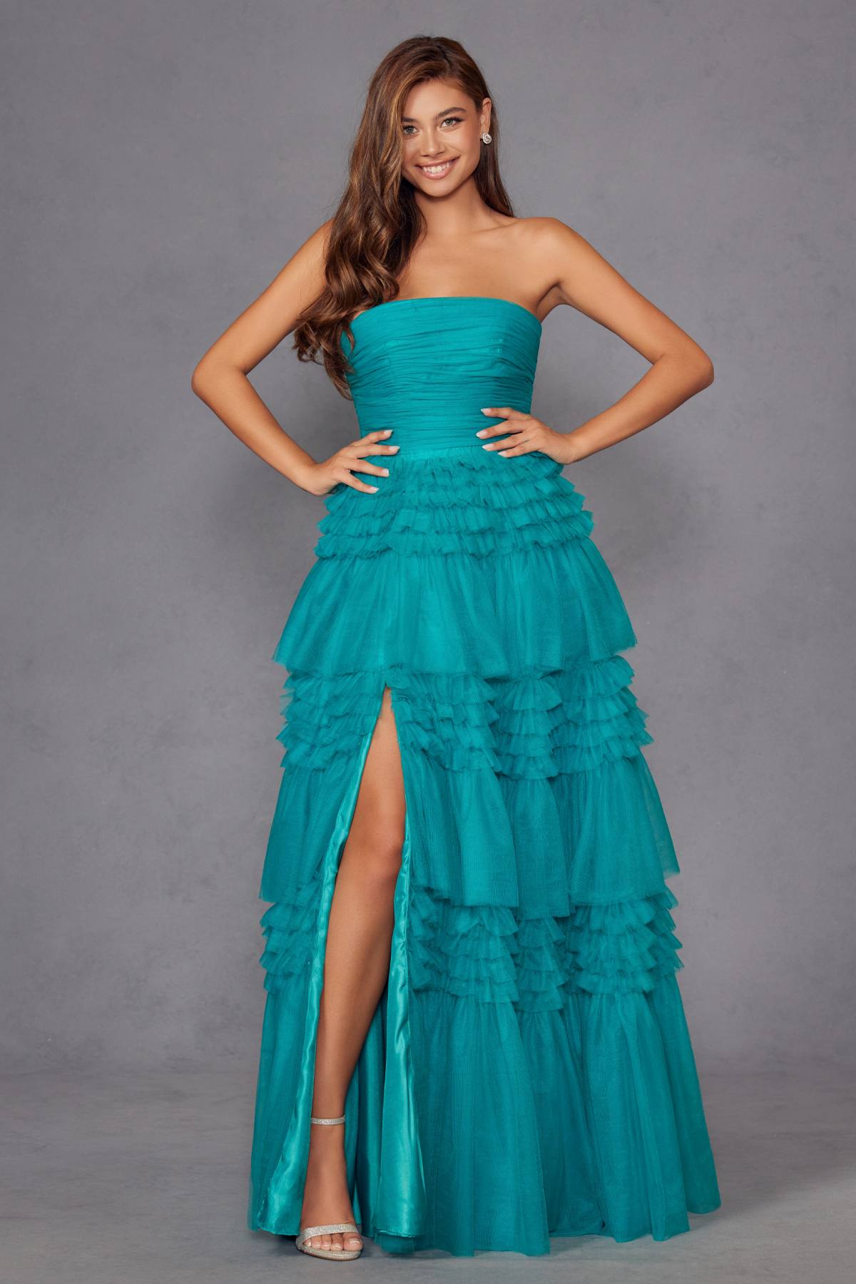Juliet JT2542S Long Strapless Layered Tulle A-Line Gown
