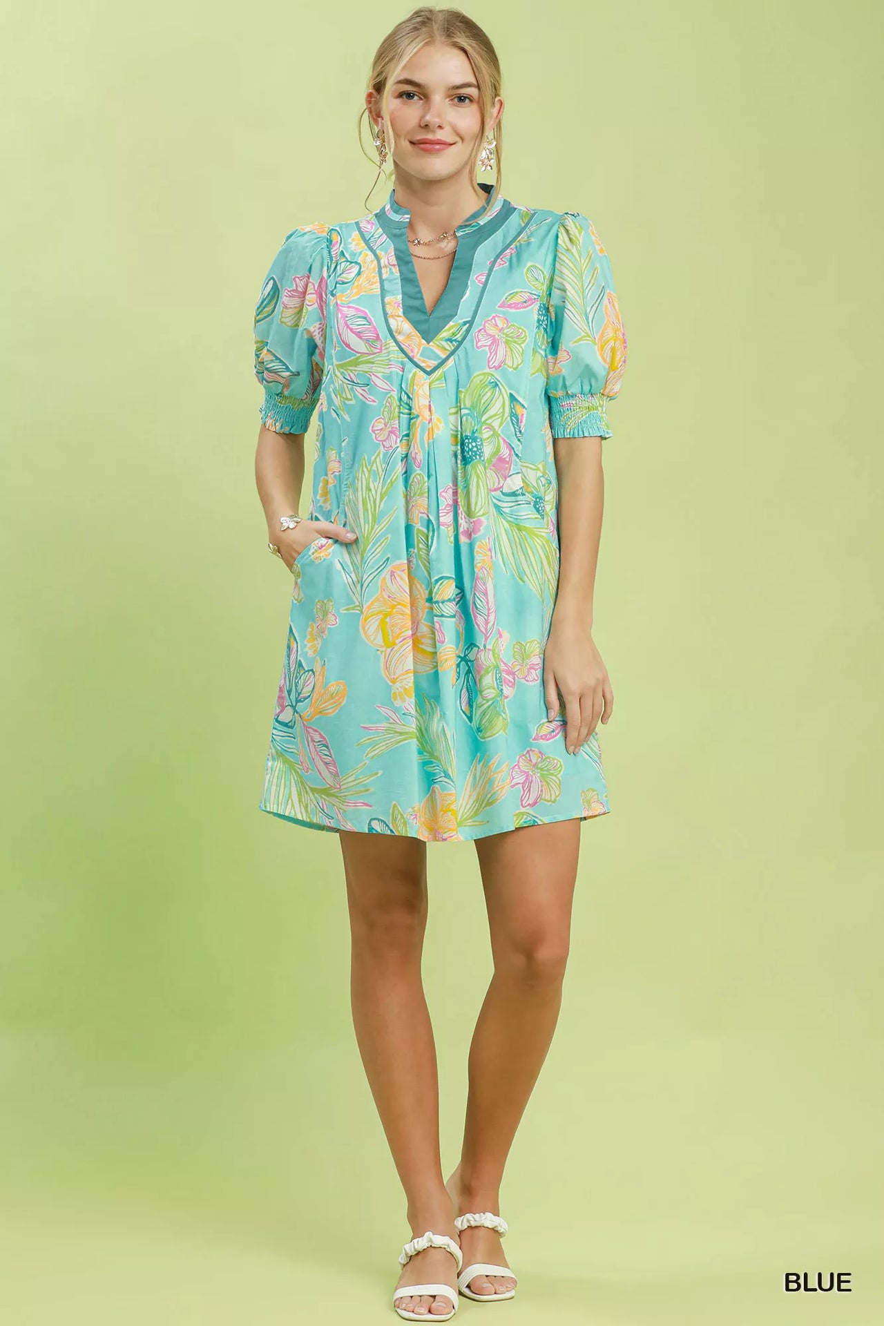 Umgee Botanical Print Dress with Smocked Cuffs