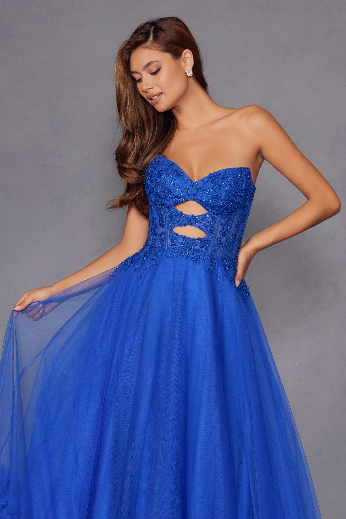 Juliet JT2561S Strapless Sweetheart Keyhole Bodice Tulle A-Line Gown
