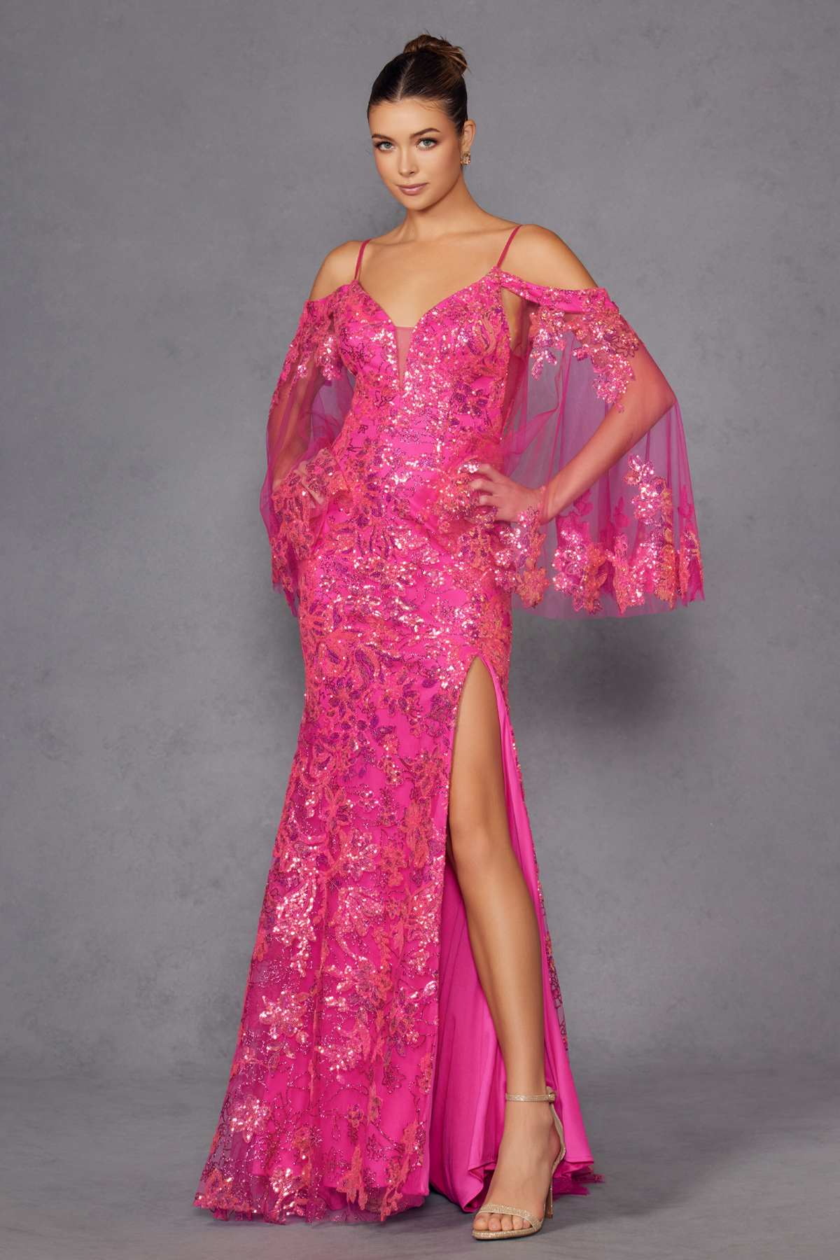 Juliet JT2564U Long Sleeve Cold Shoulder Fitted Sequin Gown