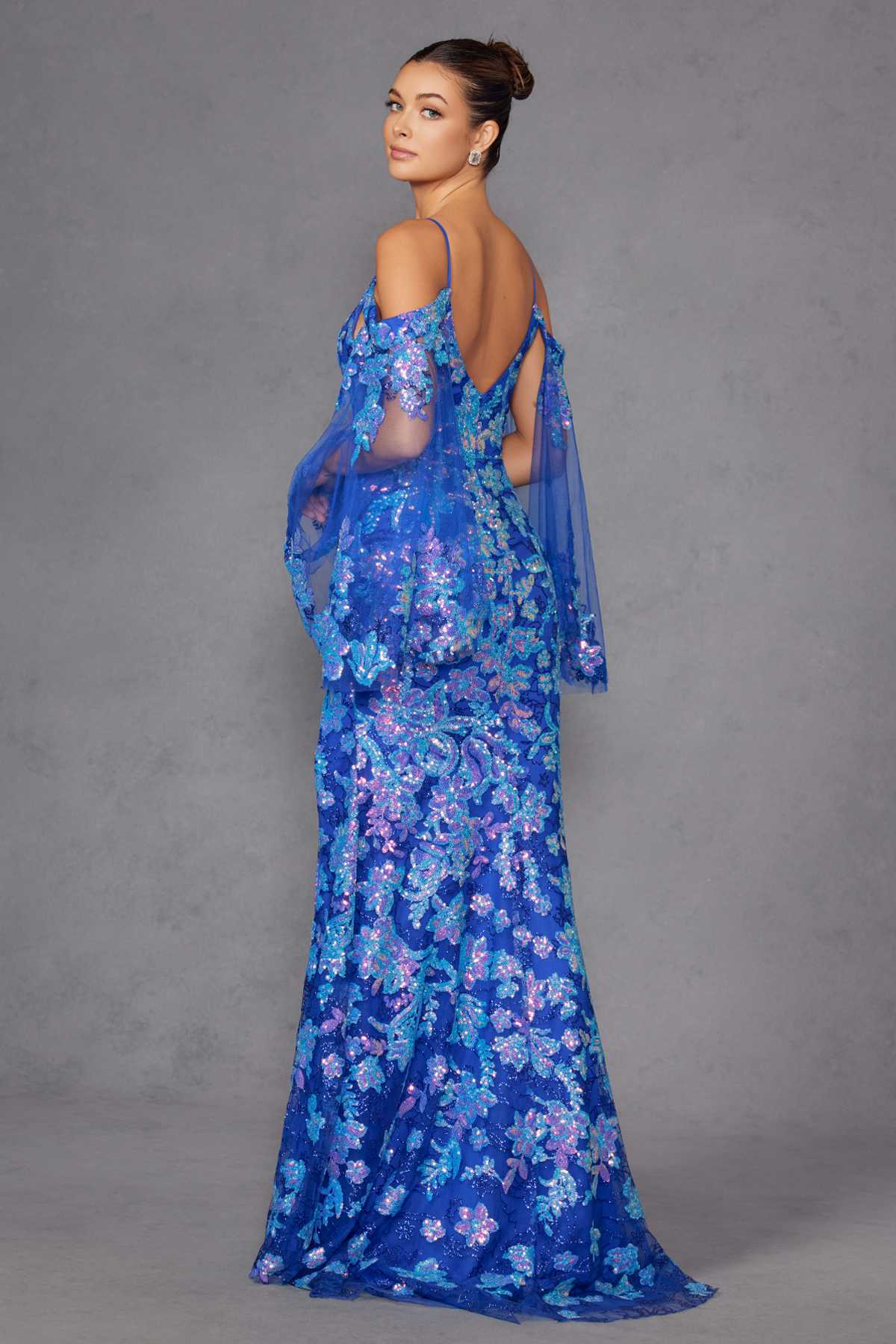 Juliet JT2564U Long Sleeve Cold Shoulder Fitted Sequin Gown