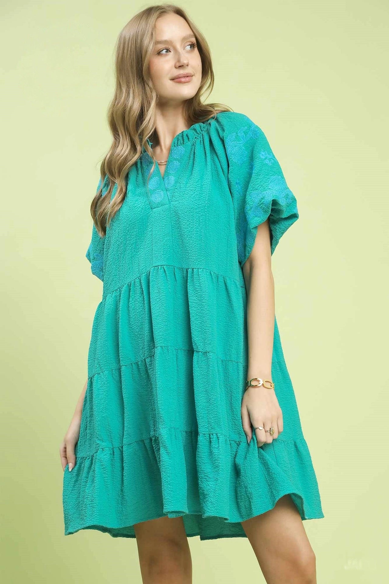 Umgee Embroidered Tiered Puff Sleeve Mini Dress