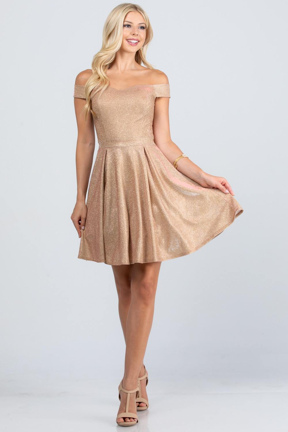 CLEARANCE - La Scala 25759 Short Off the Shoulder Skater Dress Glitter Jacquard (Size S)